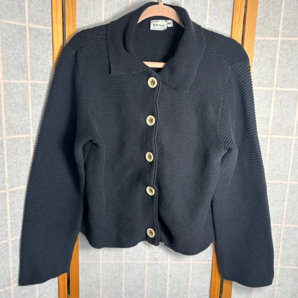 VTG Y2K Habitat Womens Ribbed Cotton Button Front Cardigan Sweater‎ Black ML